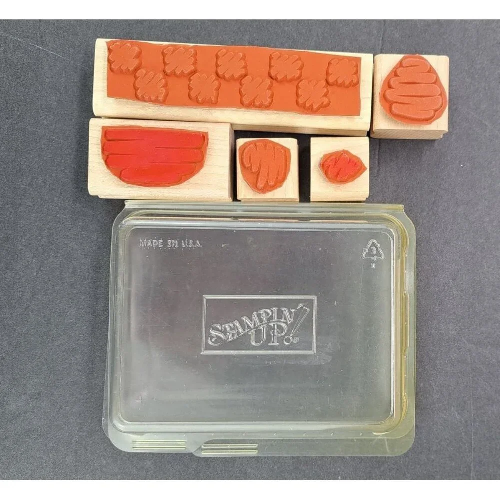 Vintage Stampin Up Set Of 5 Squiggle Pattern Rubber Stamps Storage Case Clean